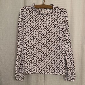 TEMT 12 White Brown Black Geometrical Print Long Sleeve Cowl Collar Blouse